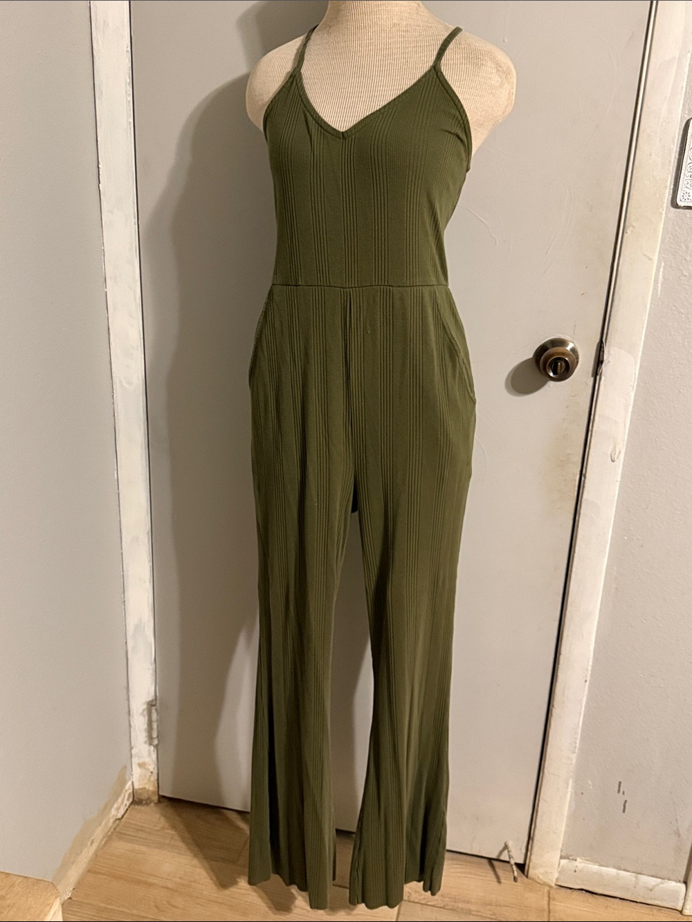 Aerie Olive Green Ribbed V-Neck Wide-Leg Jumpsuit